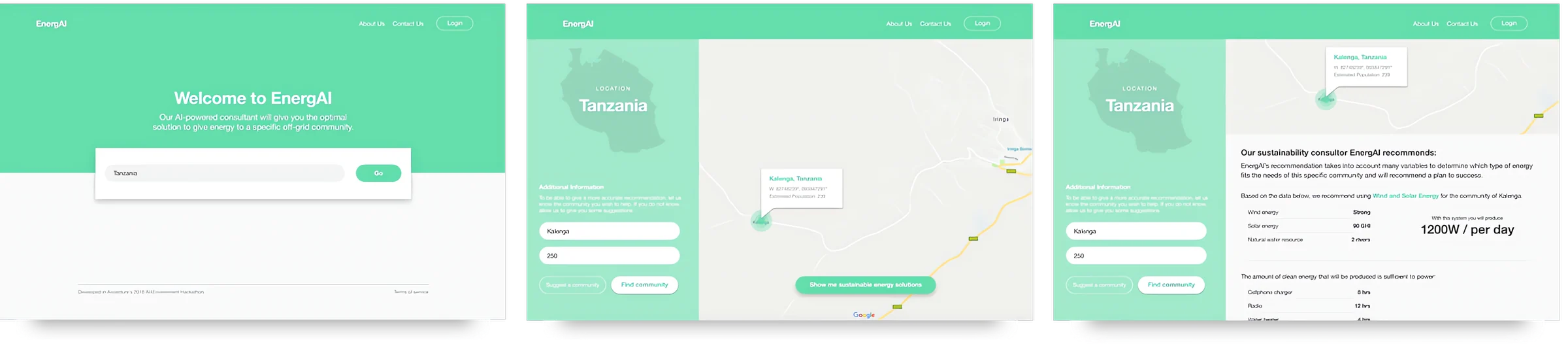 EnergAI flow, from choosing a location to a recommended energy plan
