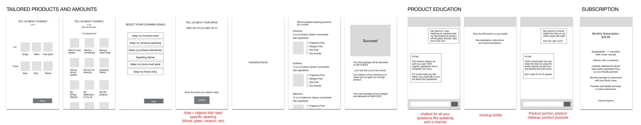 Wireframes for the assessment, AR and chatbot features