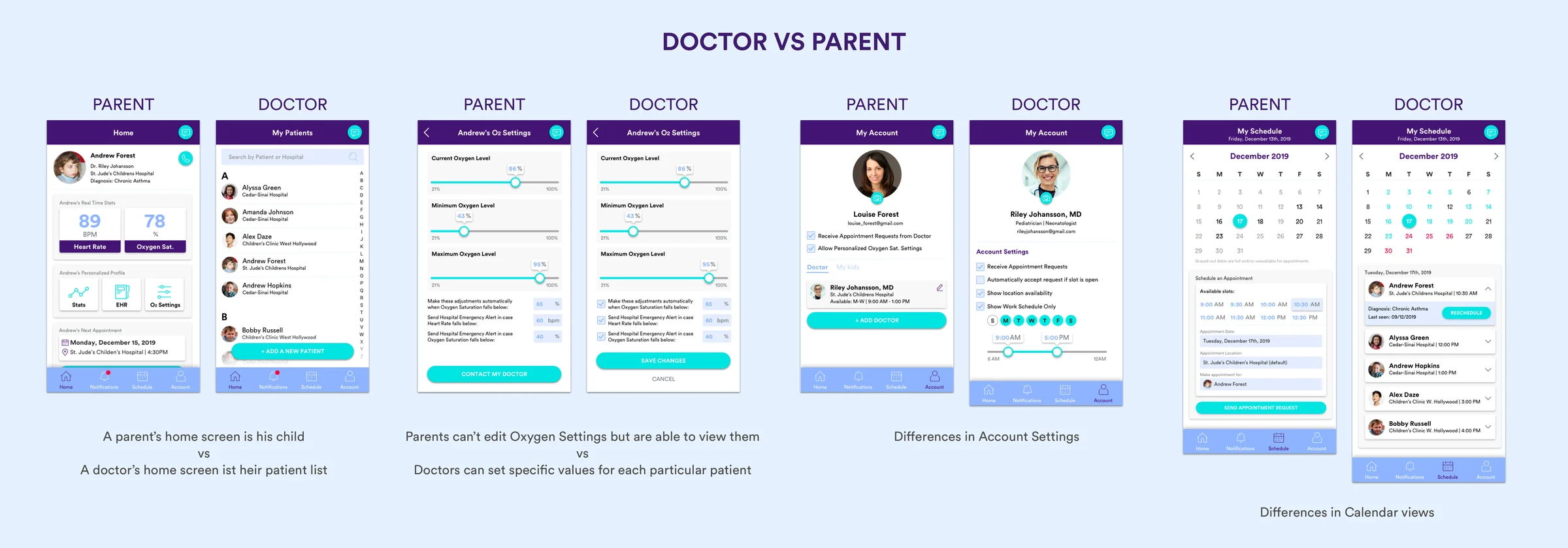 Doctor and parent home screens side by side