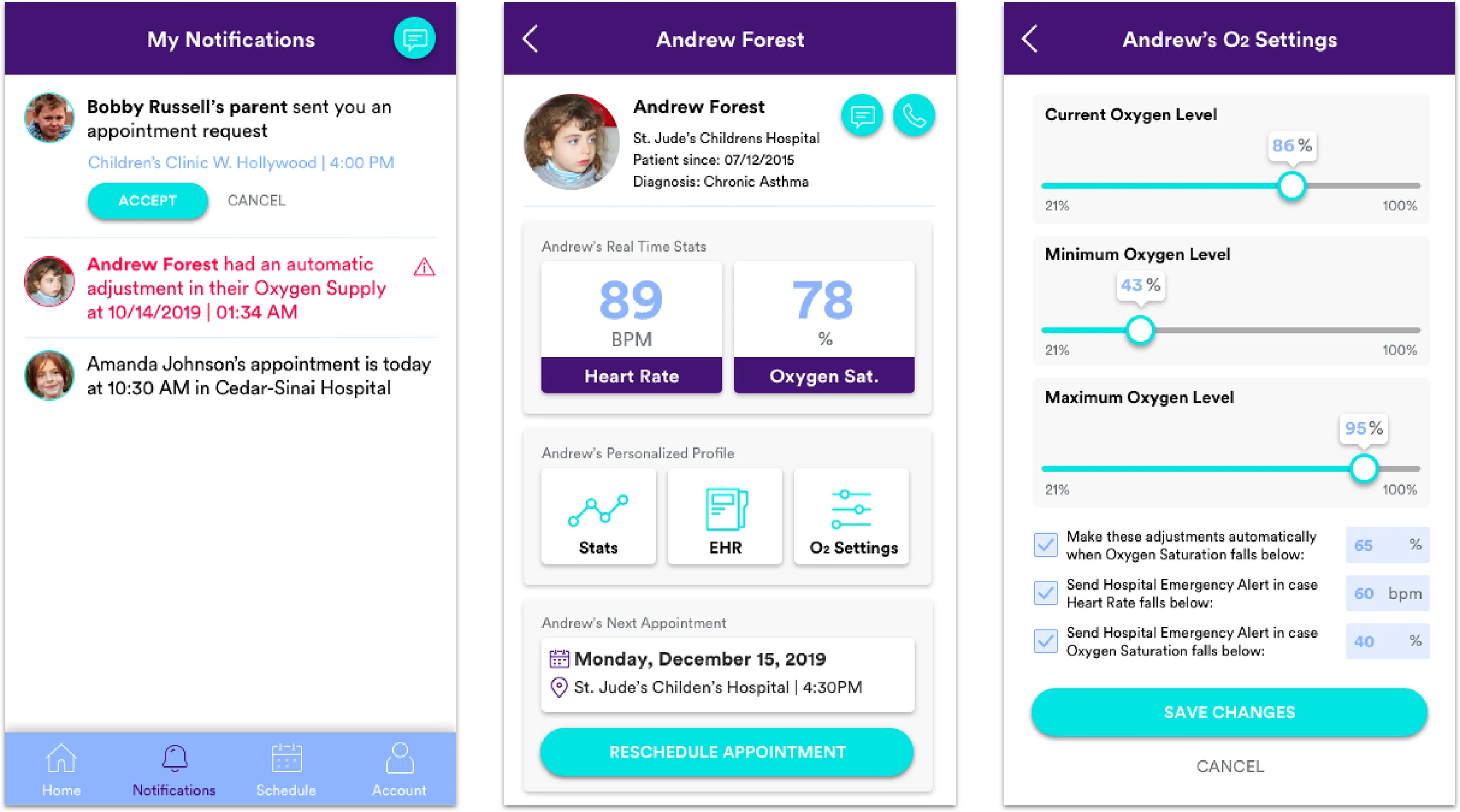 Personalized oxygen settings screens