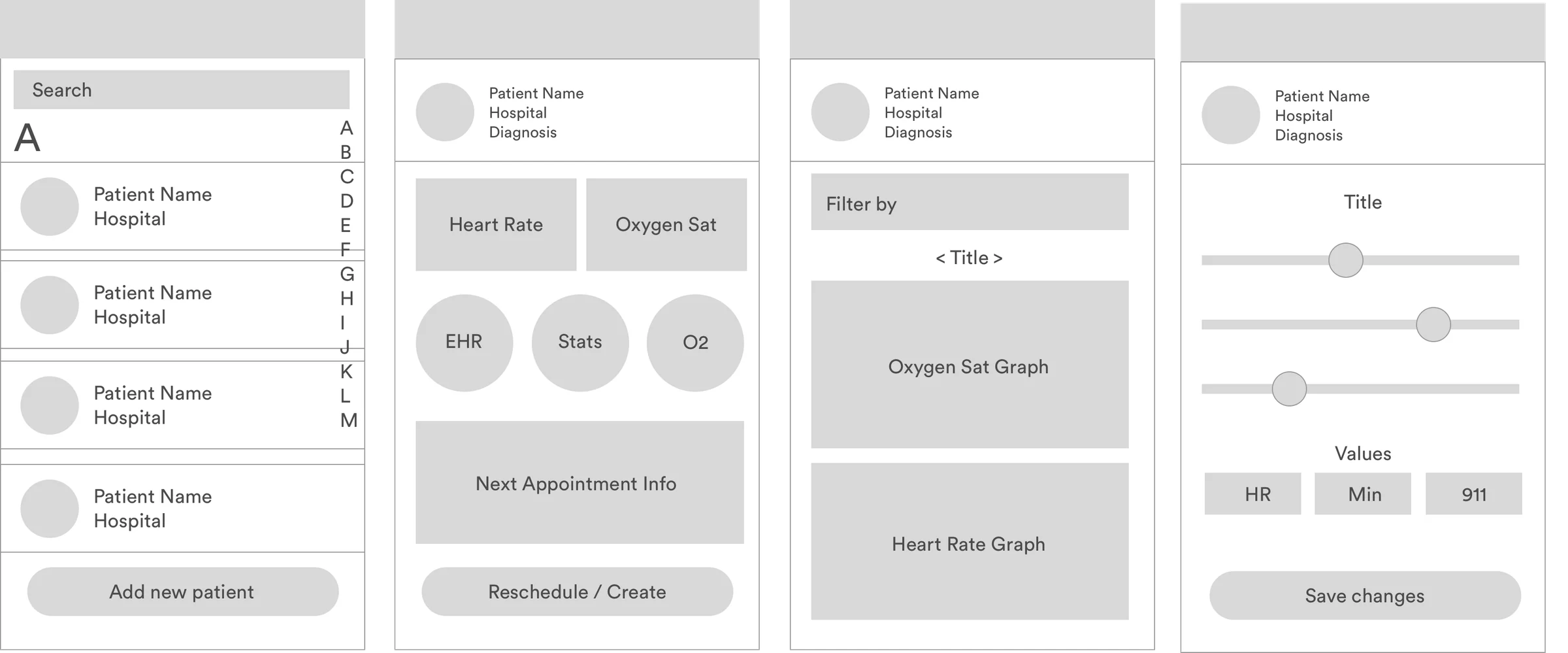 Grayscale wireframes for Iron Kids