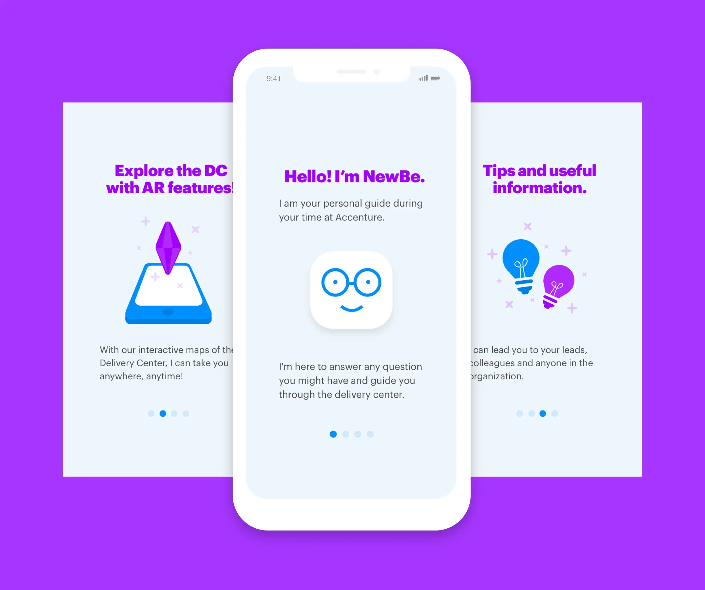 NewBe app screens with the chatbot and AR guidance