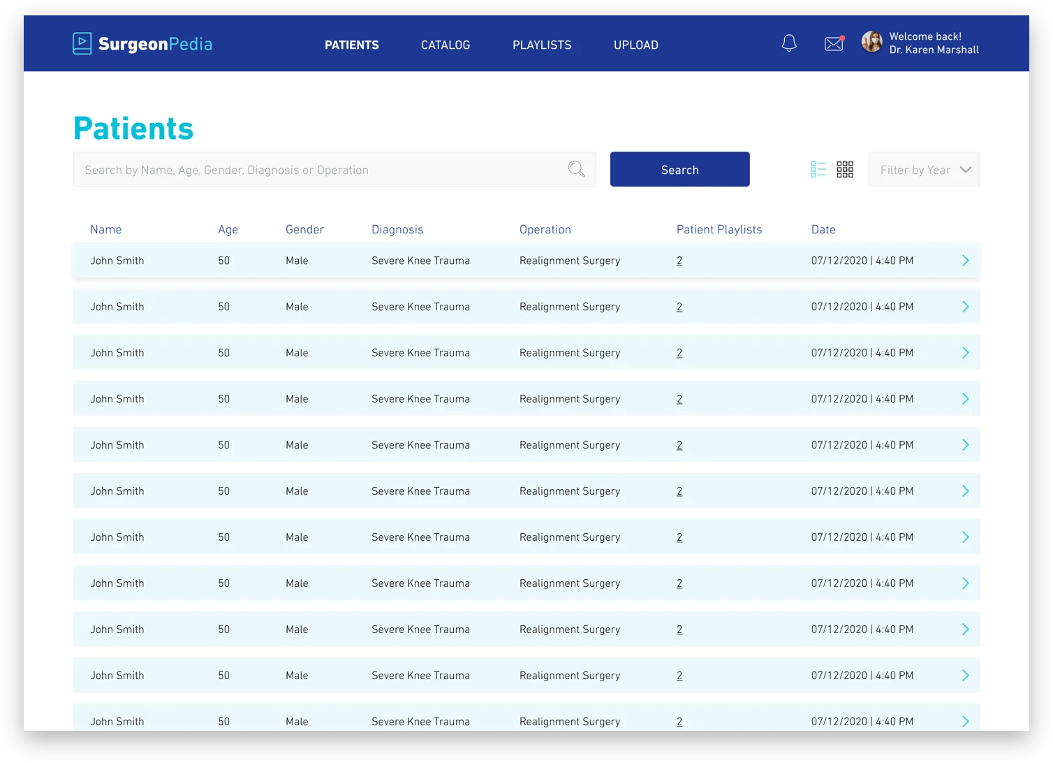 Patient list in SurgeonPedia