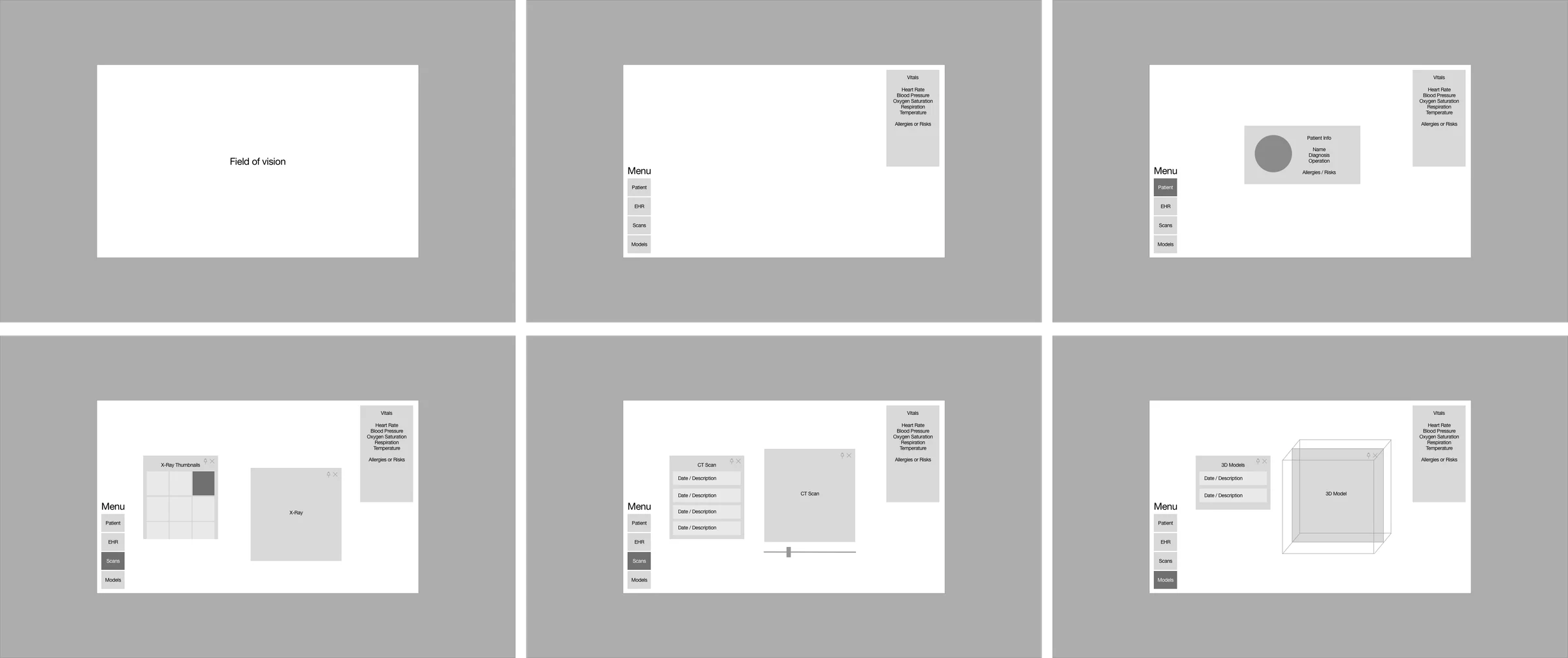 Grayscale wireframes for the HoloLens experience