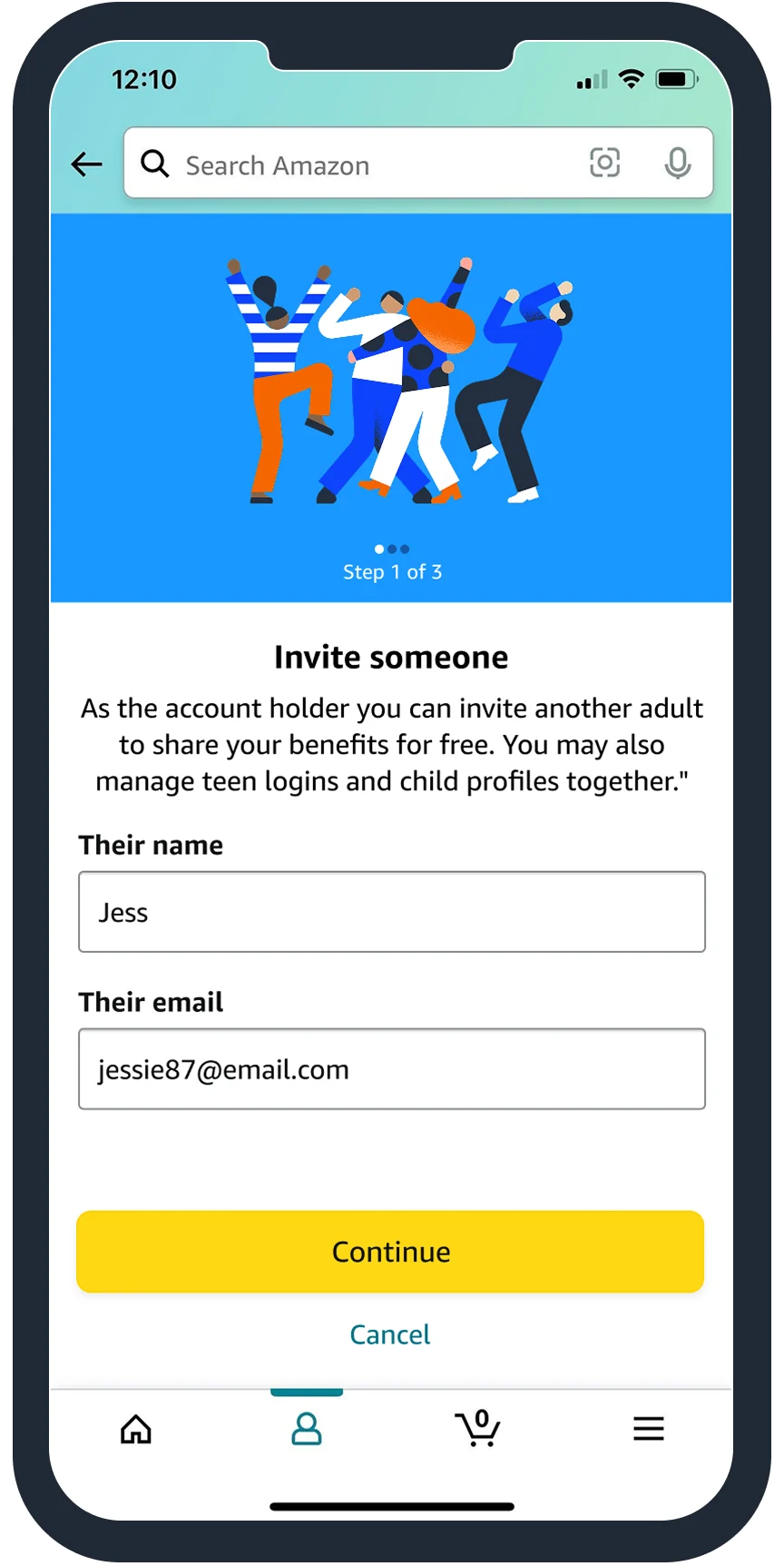 Prime Household invite screen on mobile