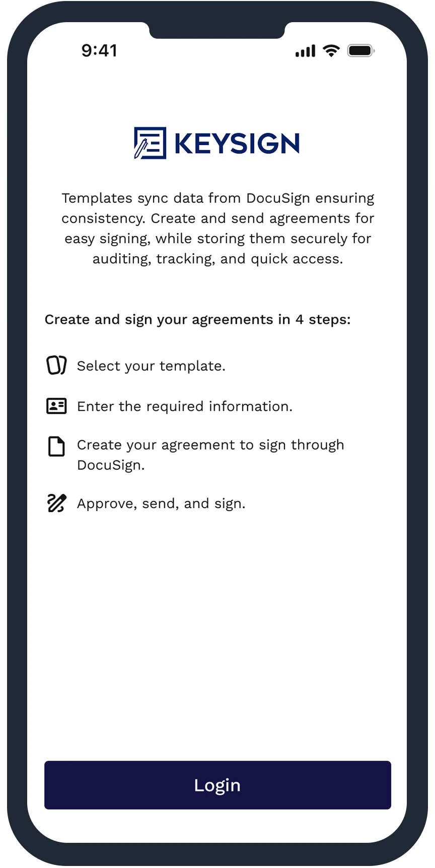 Keysign welcome screen on mobile: create and sign agreements in 4 steps