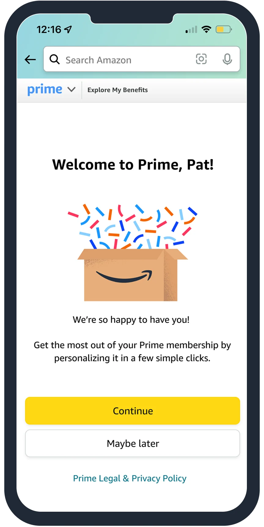 Prime onboarding welcome screen on mobile: Welcome to Prime, with options to personalize the membership