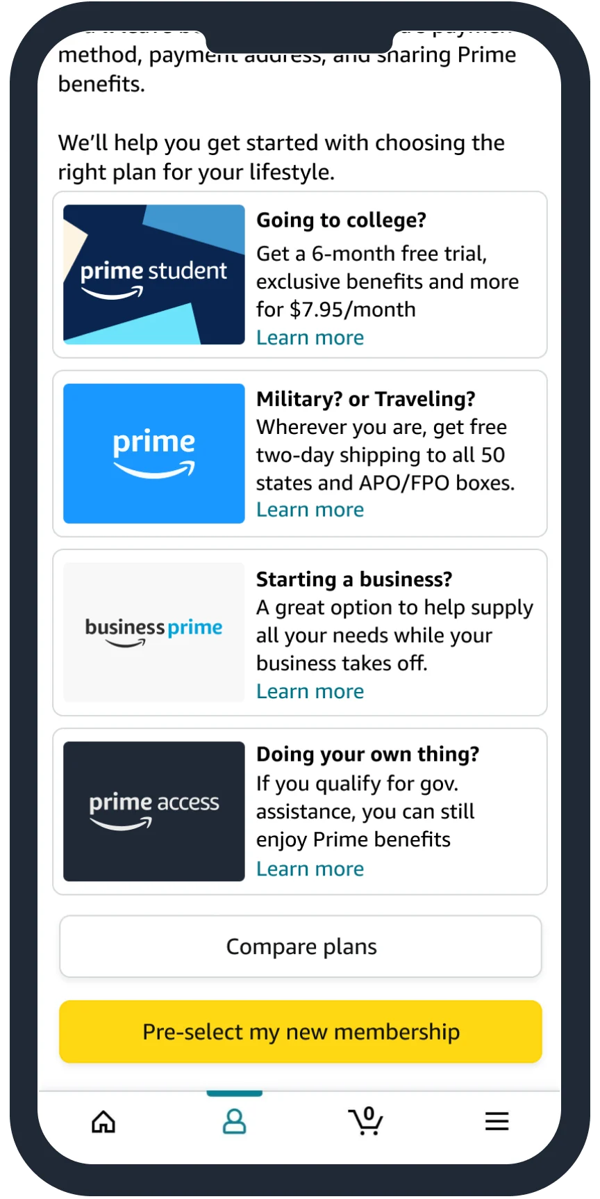 Prime teen account transition screen on mobile