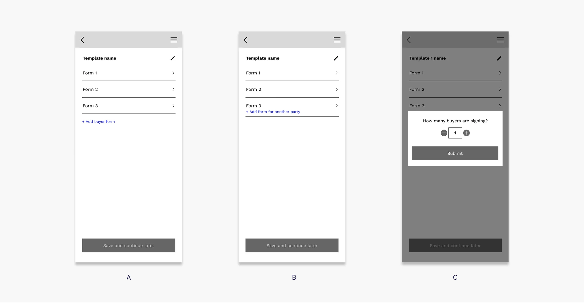 Wireframe explorations for adding a second buyer