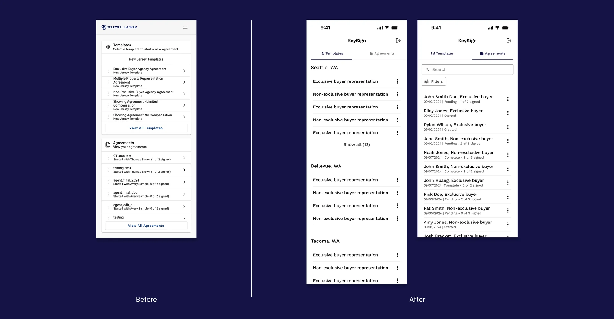 Keysign home screen before and after splitting templates and agreements into tabs