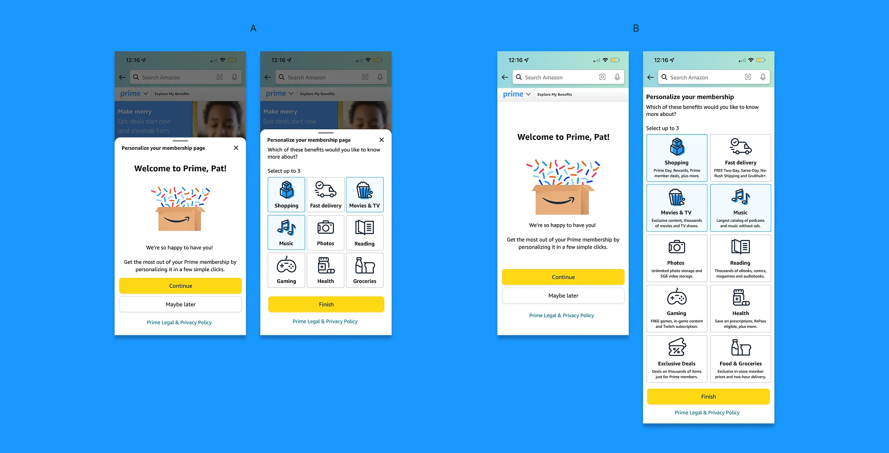 Experience A and experience B of the onboarding survey