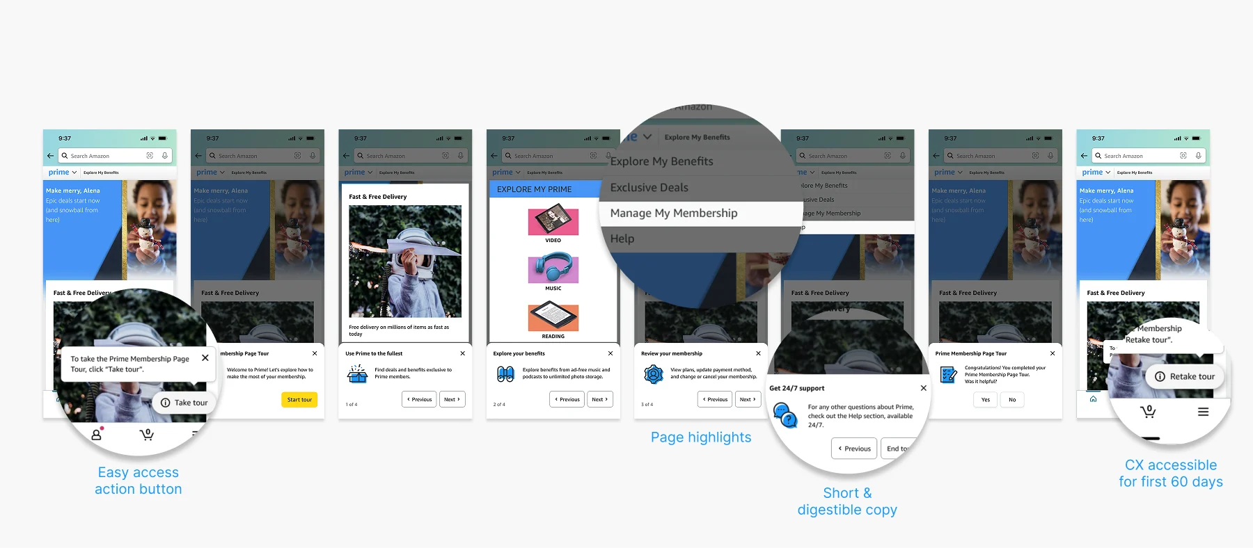 Prime tour screens walking through membership features