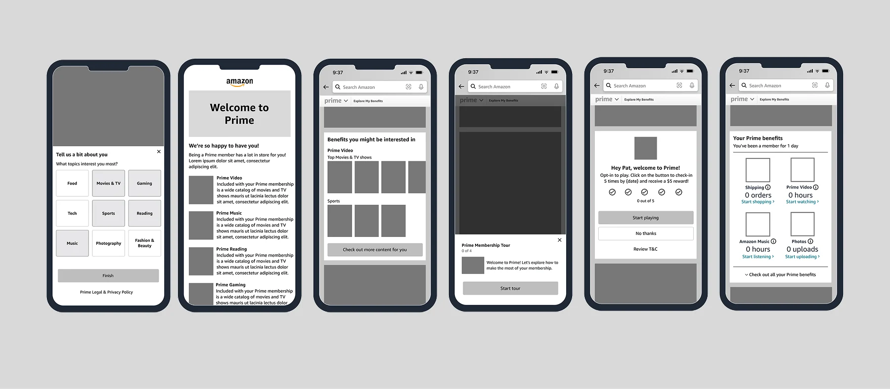 Wireframes of the personalized onboarding flow on mobile